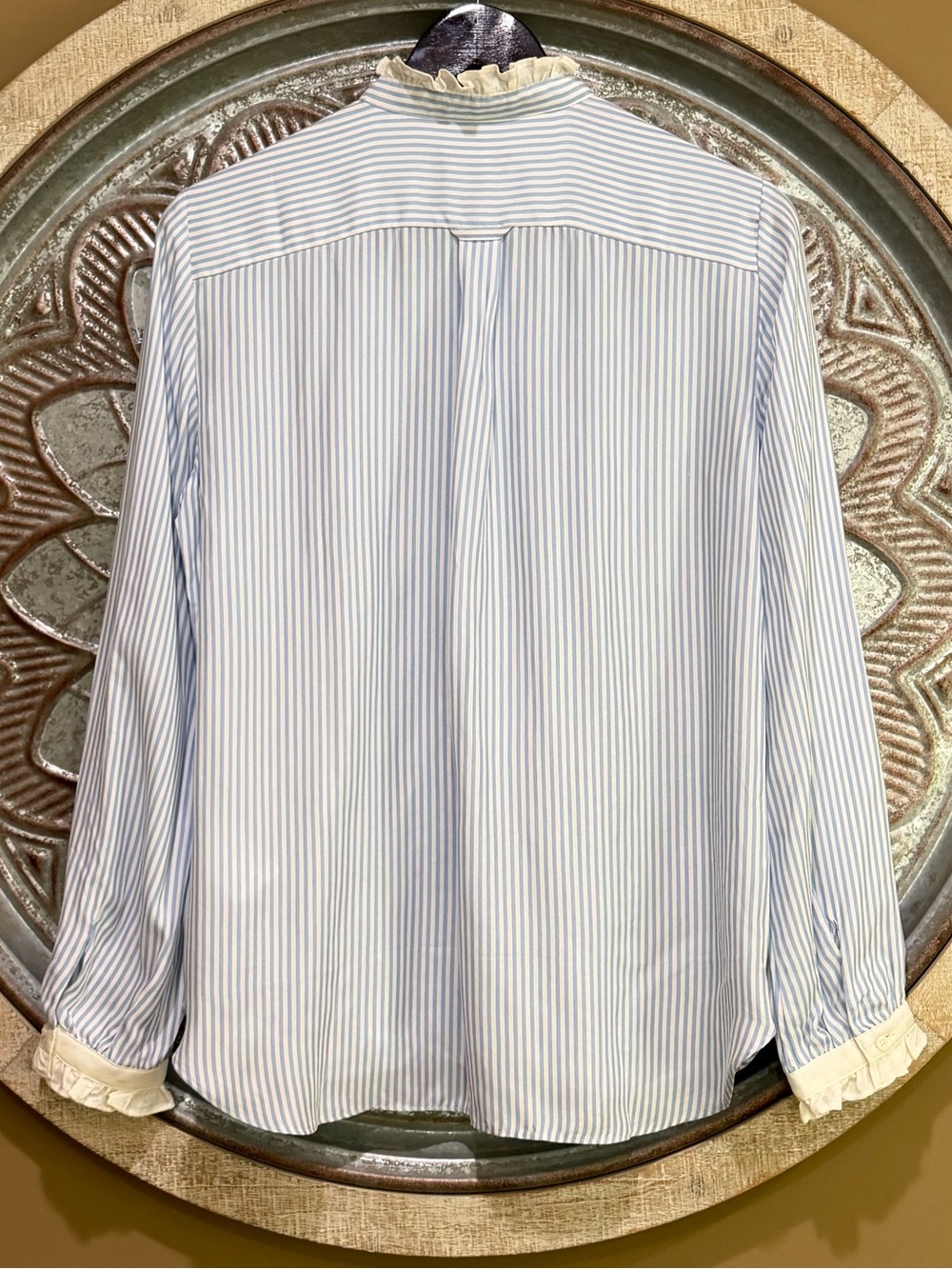 J. Crew Light Blue and White Striped Ivory Ruffle-Neck Button Down Blouse - Picture 3 of 6